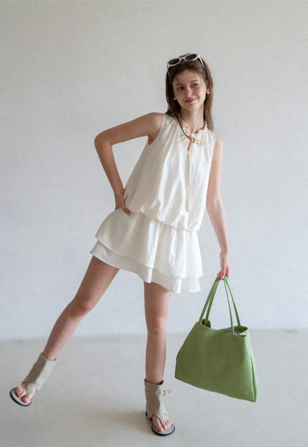 Tiered Ruffle Sleeveless Dress with Tie Neck