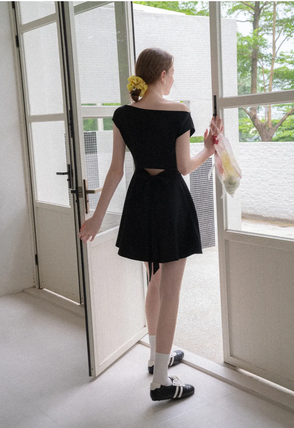 Off Shoulder Cutout Back Tie Waist Dress