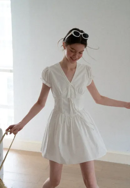 V Neck Lace Trim Puffed Sleeve Drawstring Dress