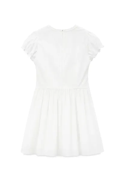 V Neck Lace Trim Puffed Sleeve Drawstring Dress