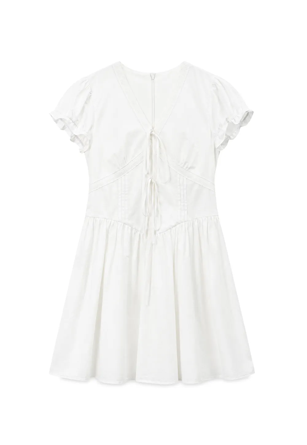 V Neck Lace Trim Puffed Sleeve Drawstring Dress