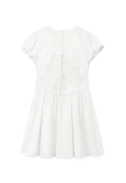 V Neck Lace Trim Puffed Sleeve Drawstring Dress