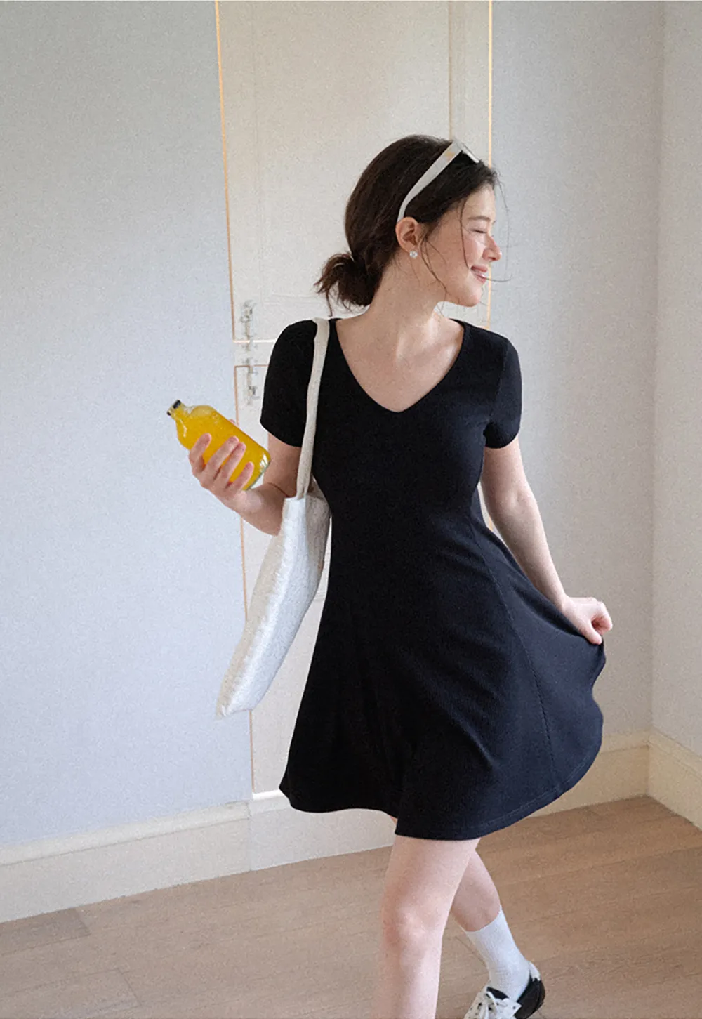 V Neck Short Sleeve A Line Dress