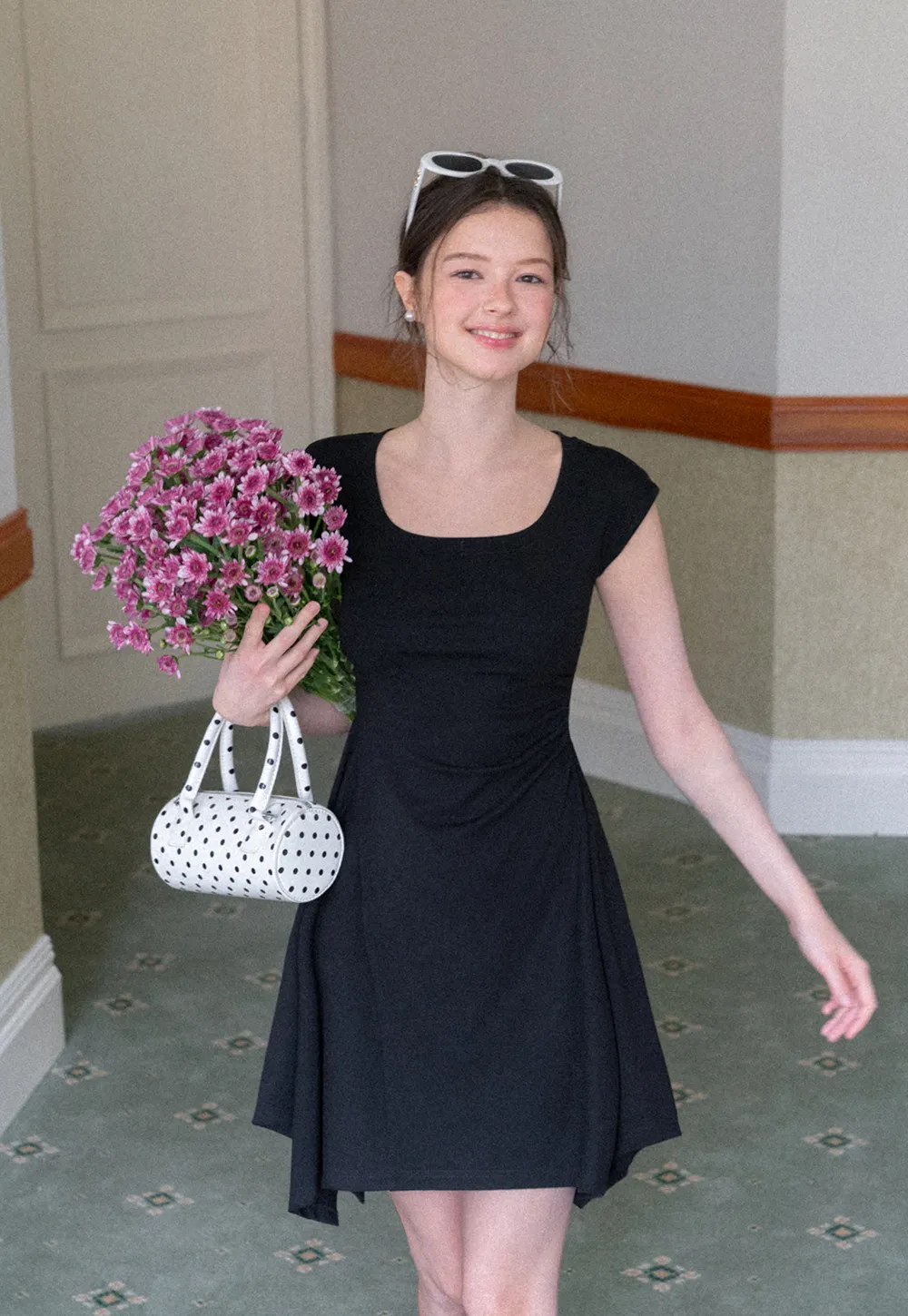 Square Neck Cap Sleeve A-Line Dress