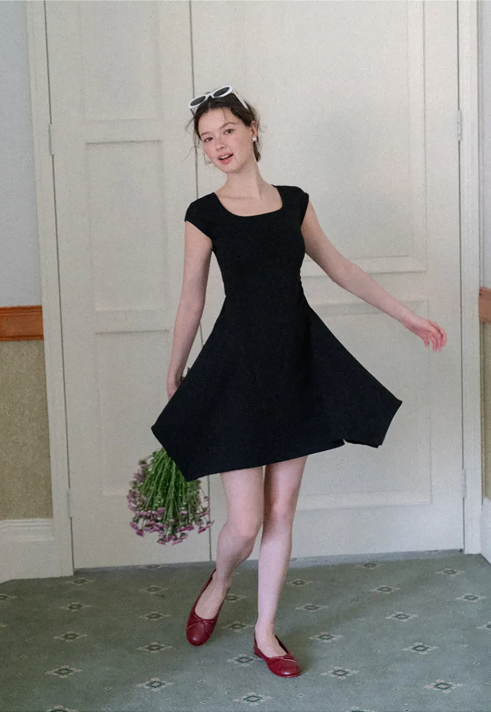Square Neck Cap Sleeve A-Line Dress
