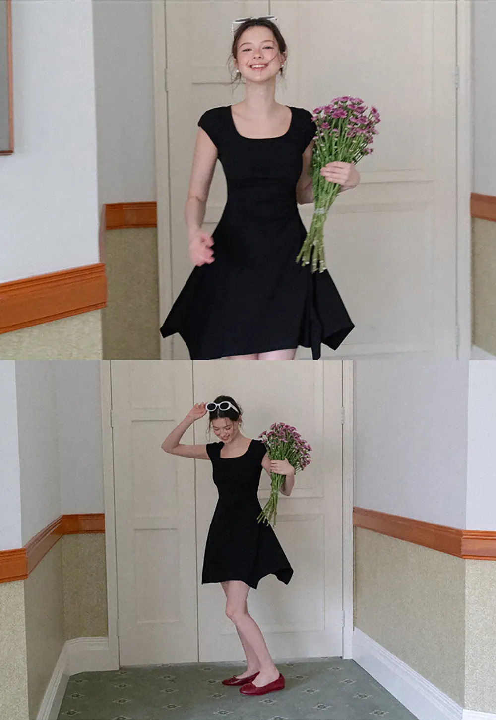 Square Neck Cap Sleeve A-Line Dress