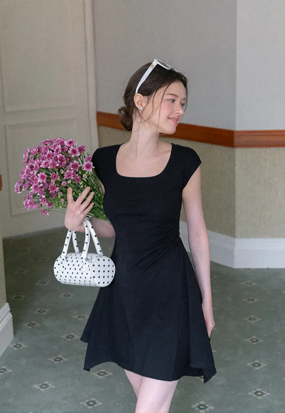 Square Neck Cap Sleeve A-Line Dress