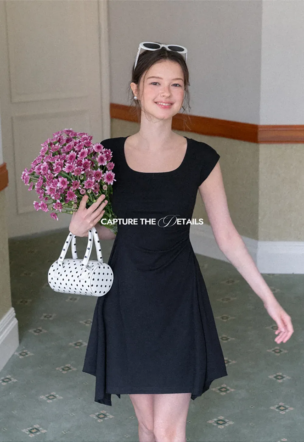 Square Neck Cap Sleeve A-Line Dress