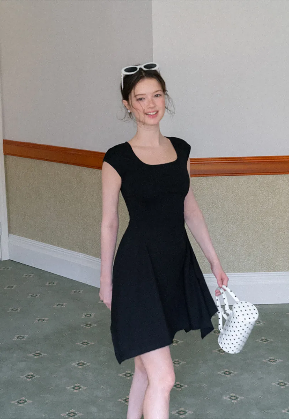Square Neck Cap Sleeve A-Line Dress