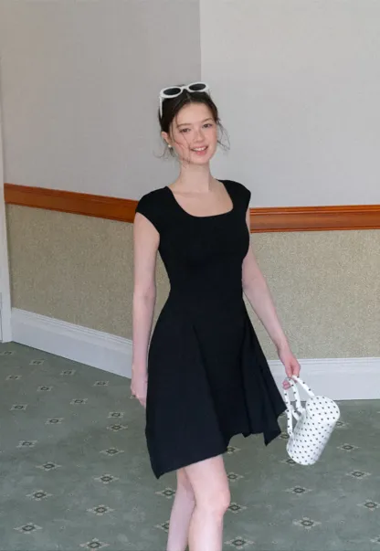 Square Neck Cap Sleeve A-Line Dress