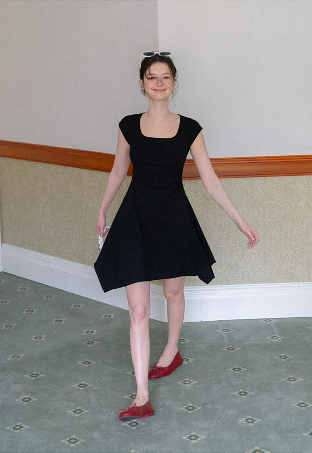 Square Neck Cap Sleeve A-Line Dress