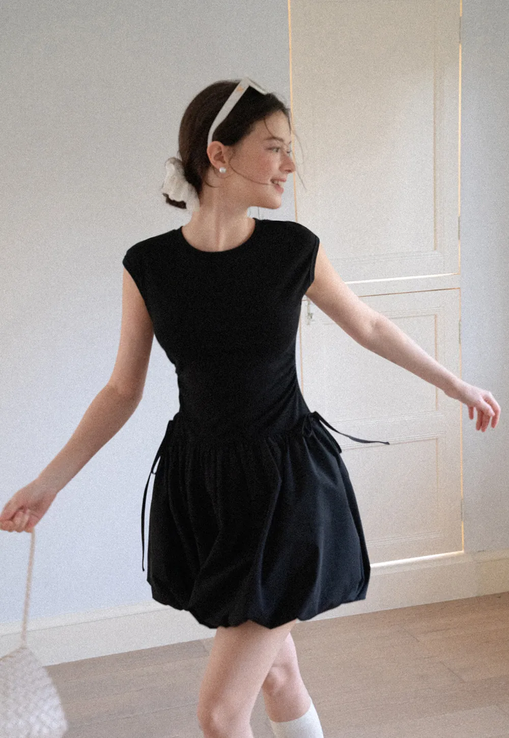 Drawstring Waist Puff Sleeve Mini Dress