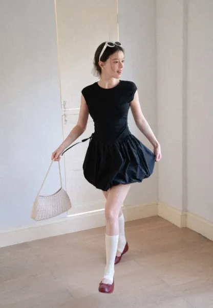 Drawstring Waist Puff Sleeve Mini Dress