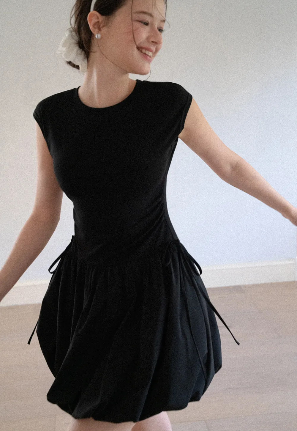 Drawstring Waist Puff Sleeve Mini Dress