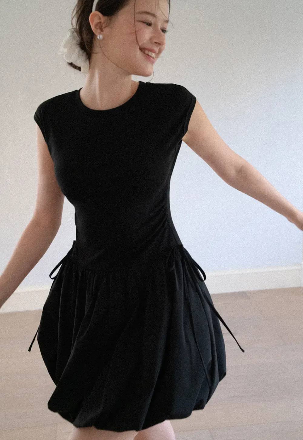 Drawstring Waist Puff Sleeve Mini Dress