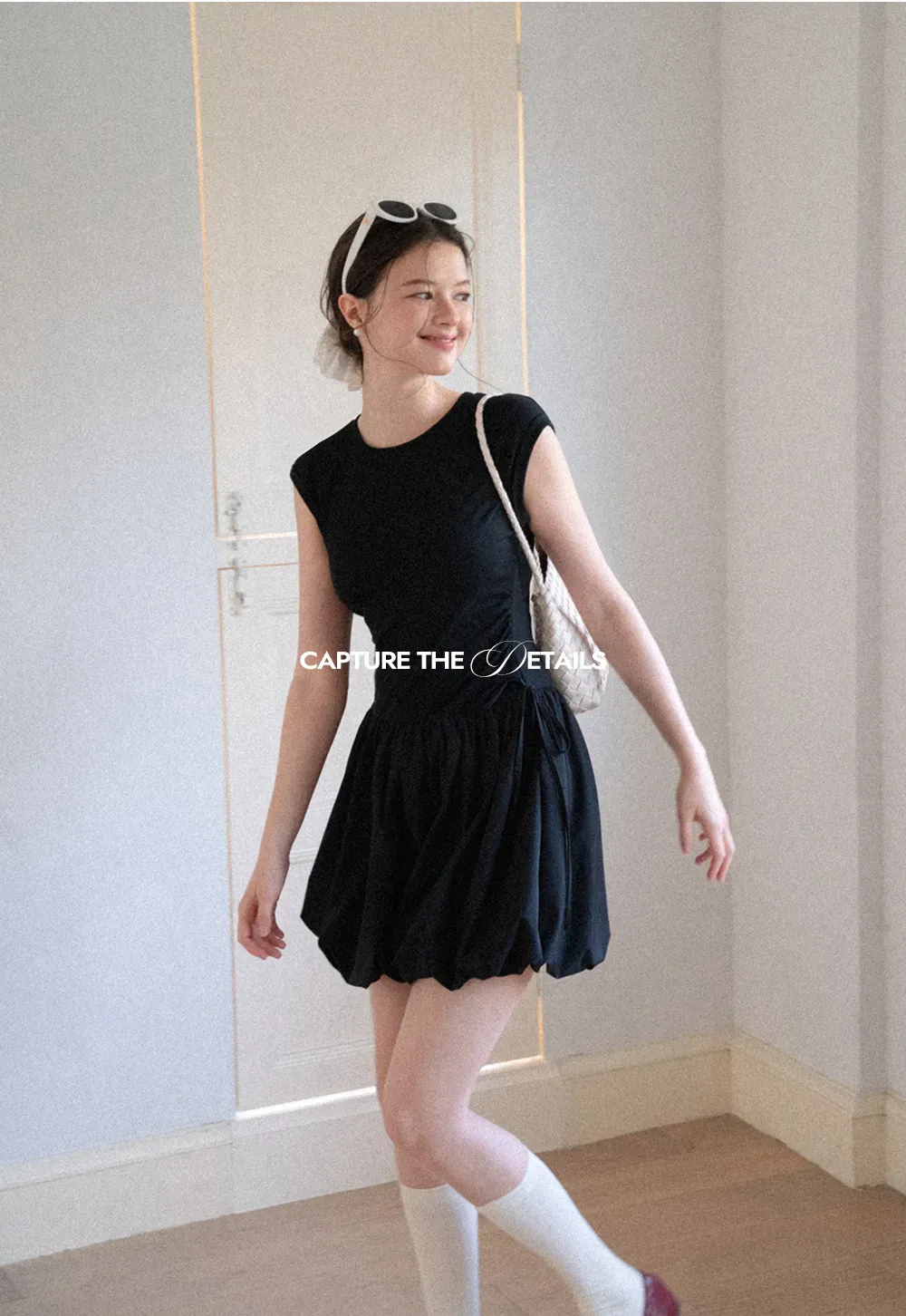 Drawstring Waist Puff Sleeve Mini Dress