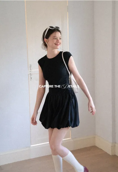 Drawstring Waist Puff Sleeve Mini Dress