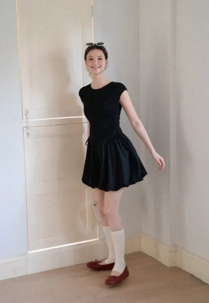 Drawstring Waist Puff Sleeve Mini Dress