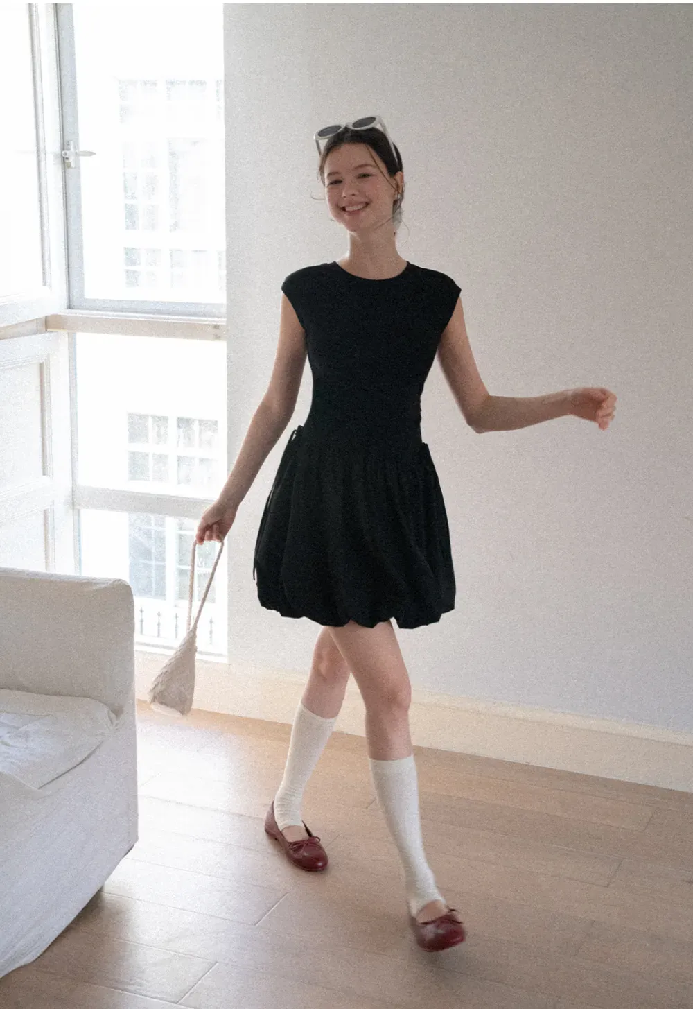 Drawstring Waist Puff Sleeve Mini Dress
