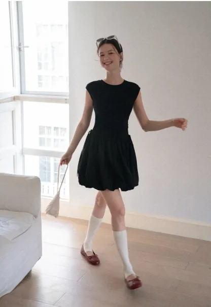 Drawstring Waist Puff Sleeve Mini Dress