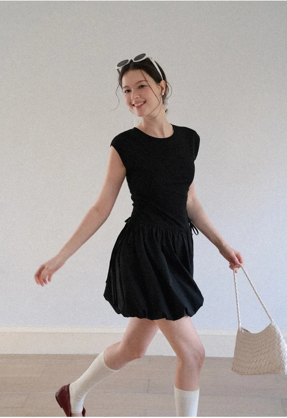 Drawstring Waist Puff Sleeve Mini Dress