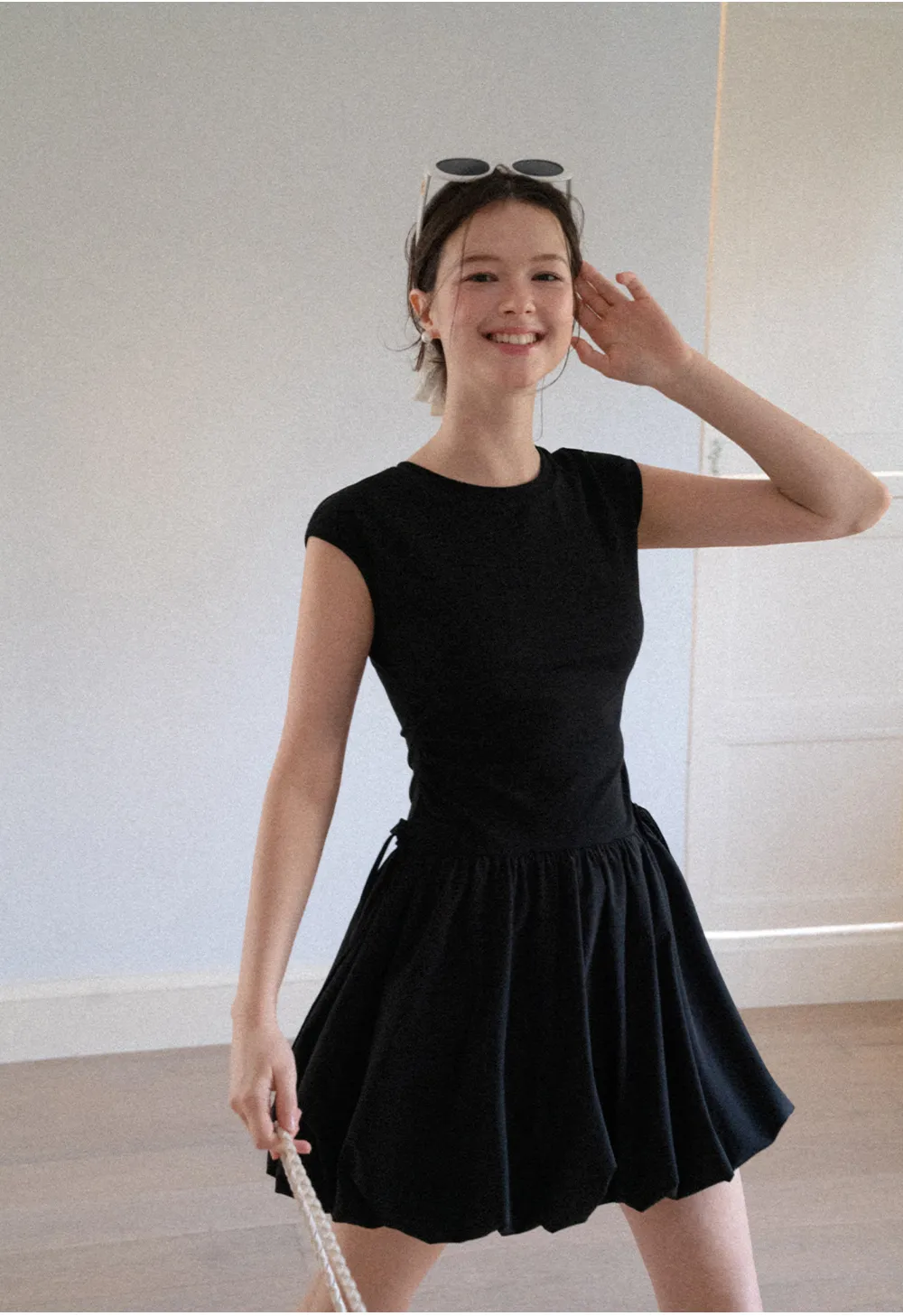 Drawstring Waist Puff Sleeve Mini Dress