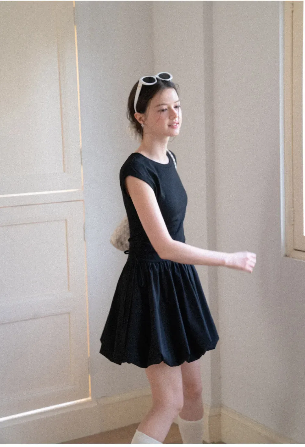 Drawstring Waist Puff Sleeve Mini Dress