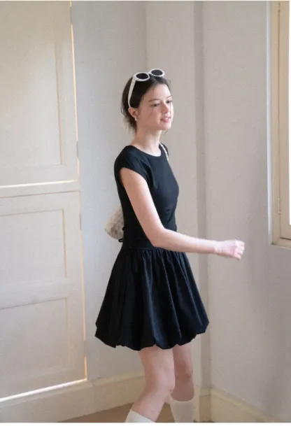 Drawstring Waist Puff Sleeve Mini Dress