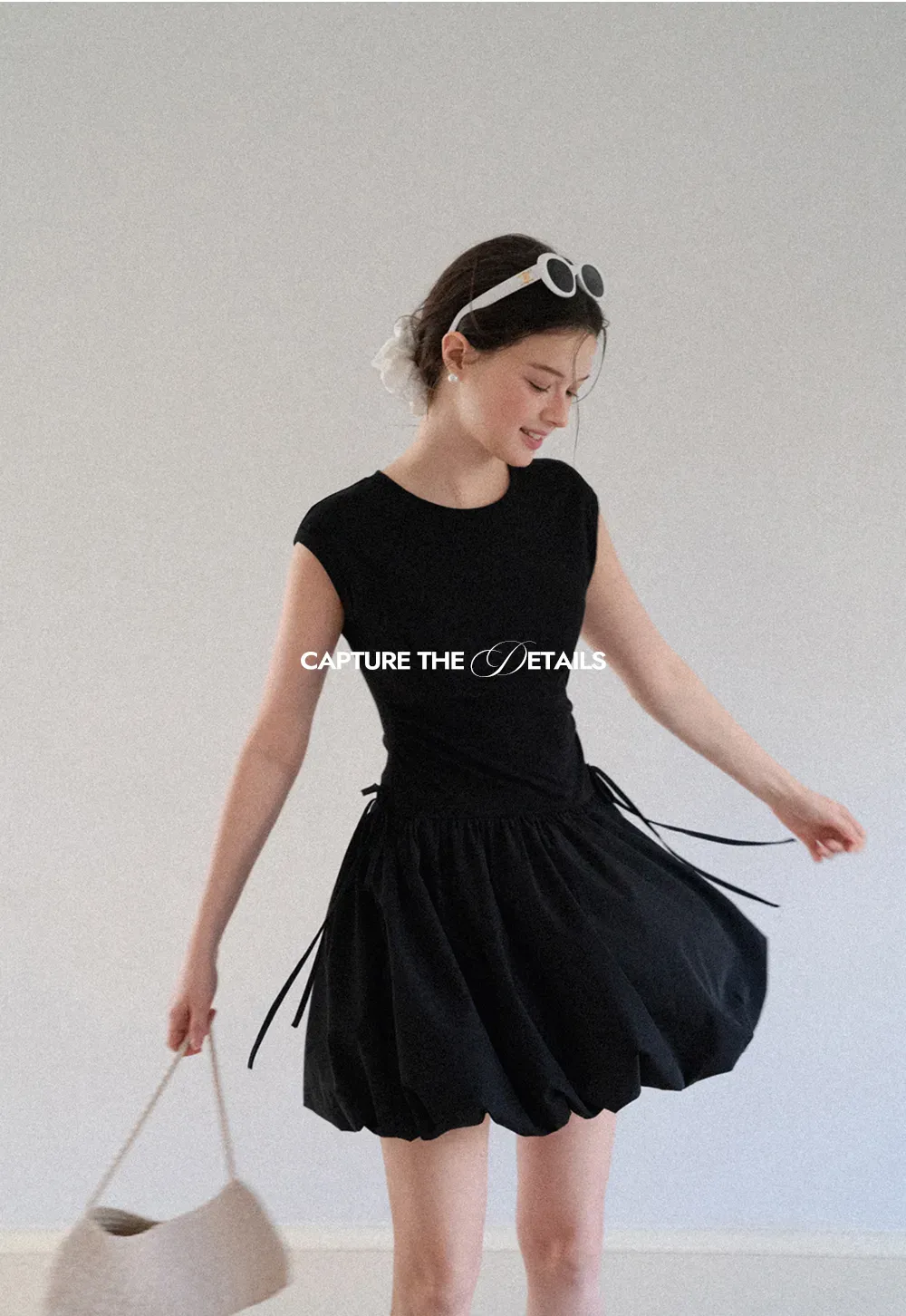 Drawstring Waist Puff Sleeve Mini Dress