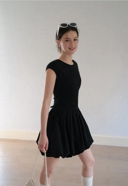 Drawstring Waist Puff Sleeve Mini Dress