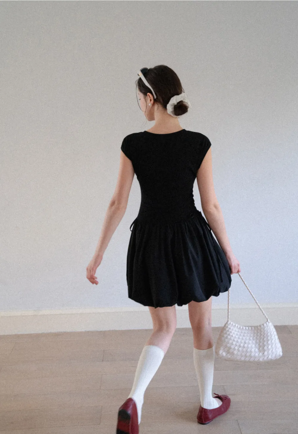 Drawstring Waist Puff Sleeve Mini Dress