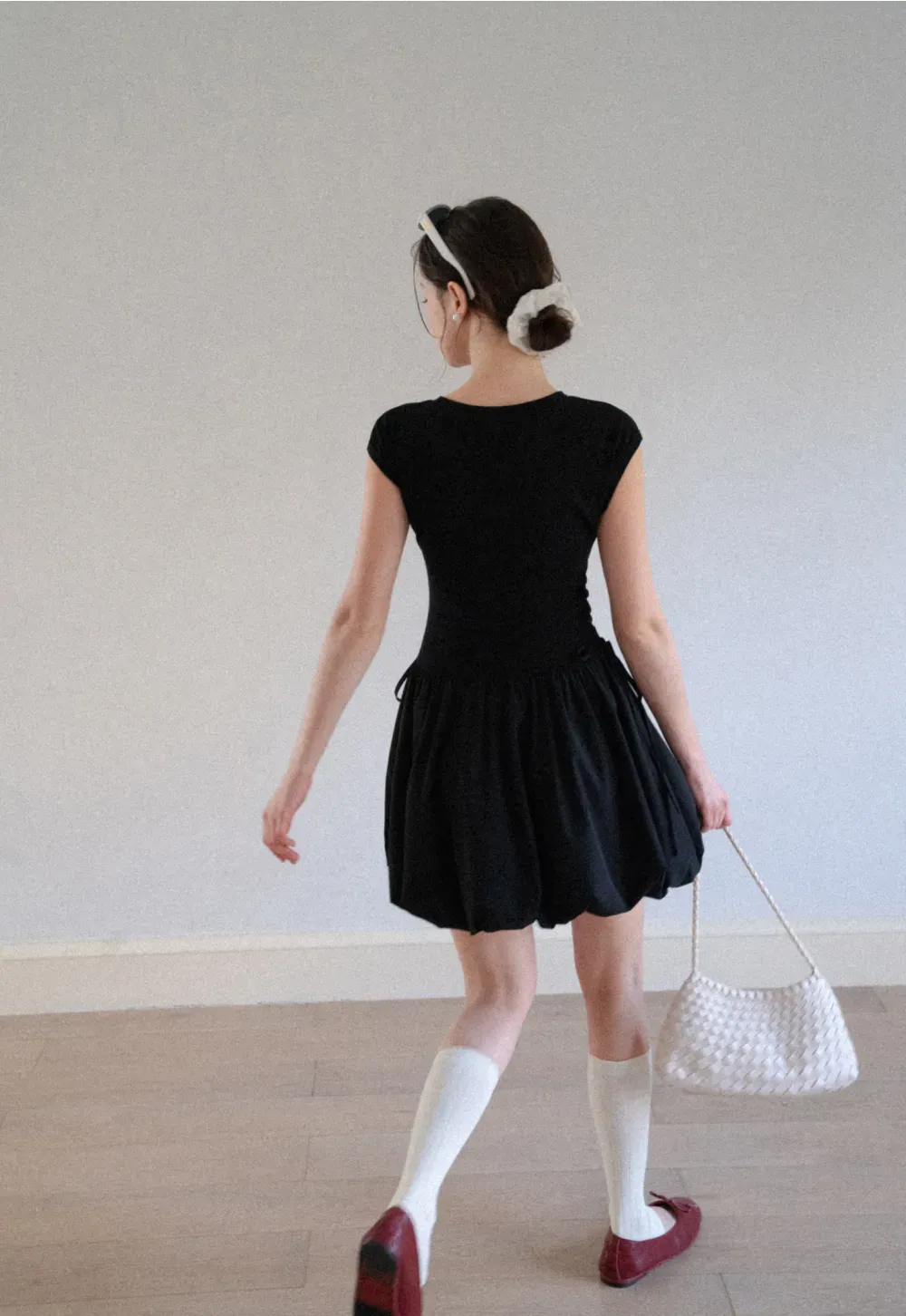 Drawstring Waist Puff Sleeve Mini Dress