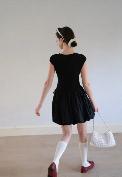 Drawstring Waist Puff Sleeve Mini Dress