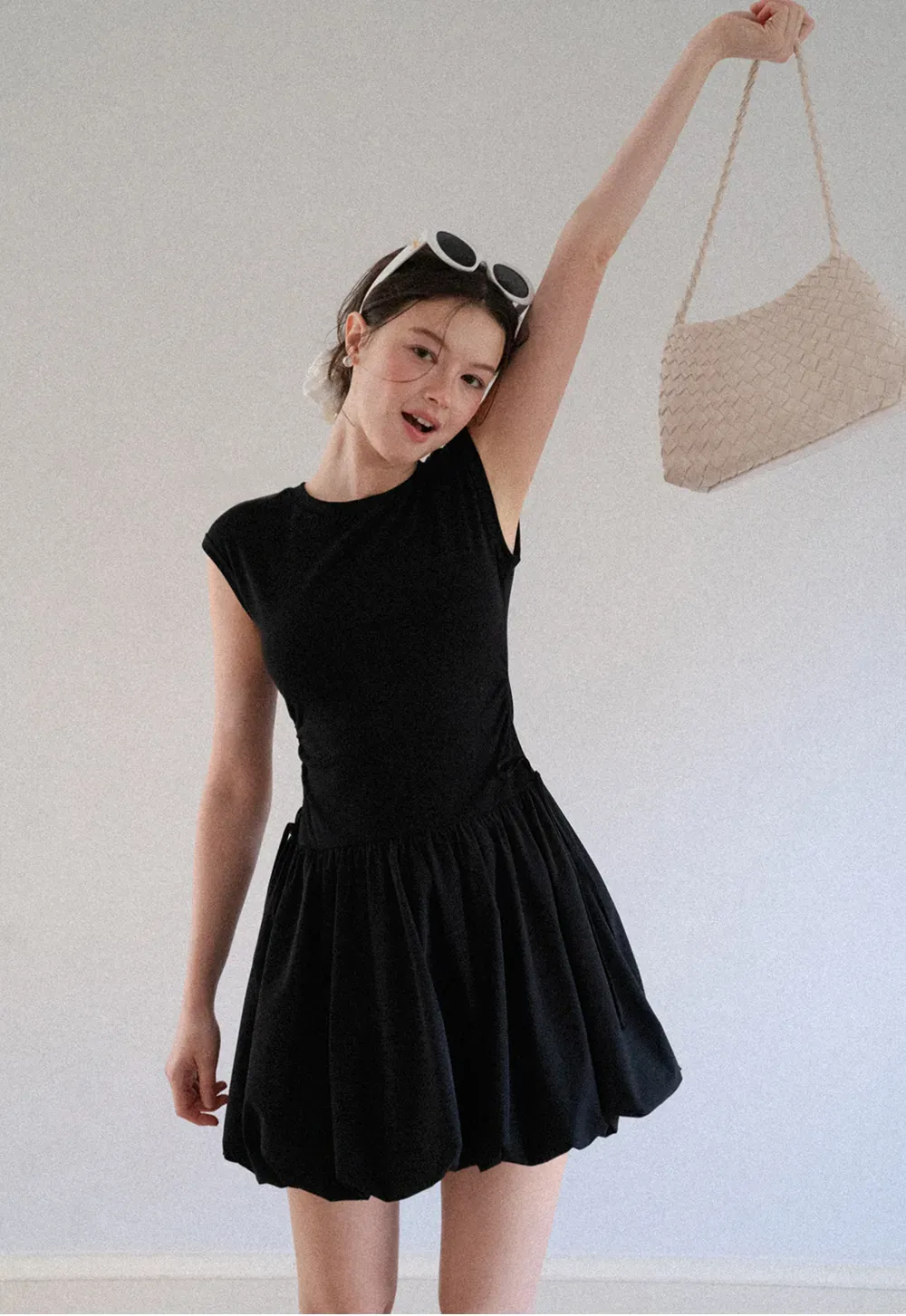 Drawstring Waist Puff Sleeve Mini Dress
