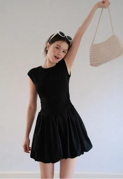 Drawstring Waist Puff Sleeve Mini Dress