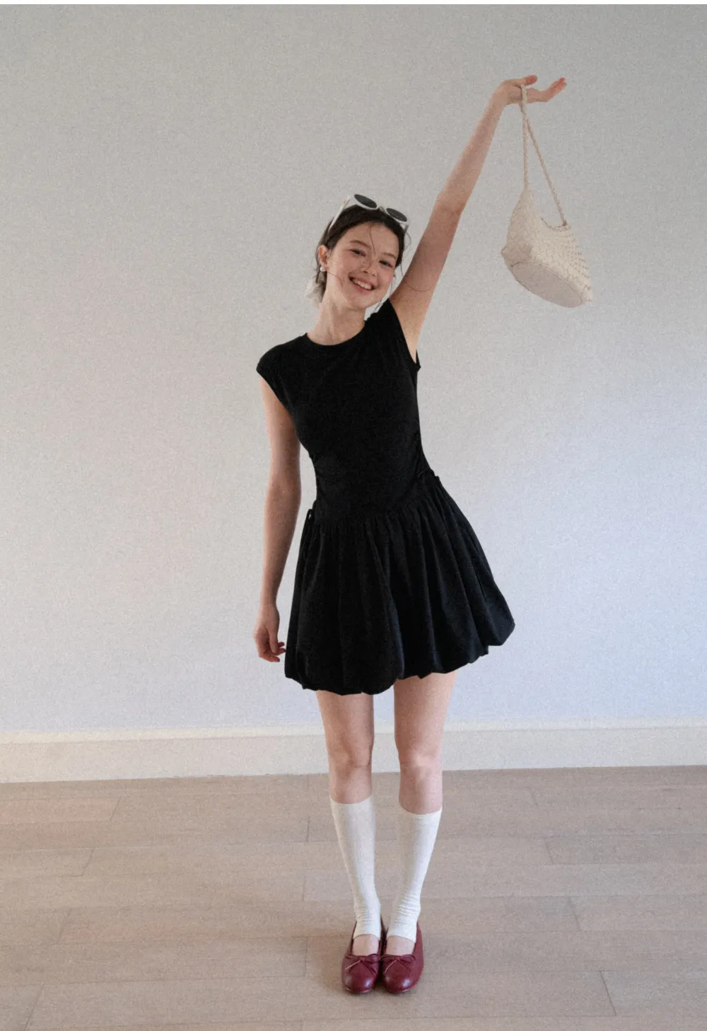Drawstring Waist Puff Sleeve Mini Dress
