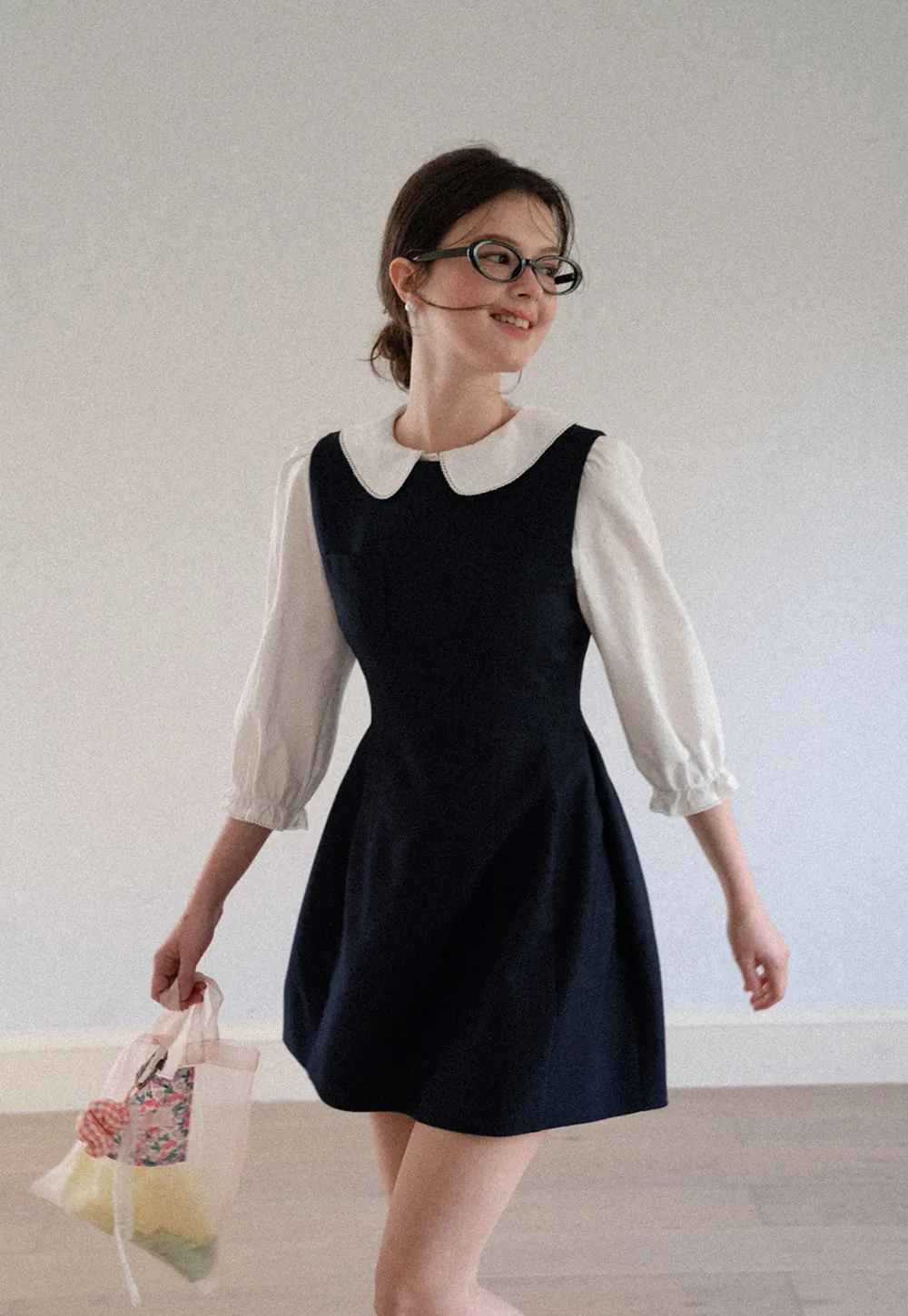 Peter Pan Collar Puff Sleeve Layered Dress
