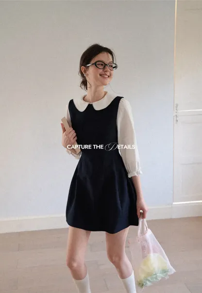Peter Pan Collar Puff Sleeve Layered Dress
