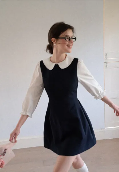 Peter Pan Collar Puff Sleeve Layered Dress