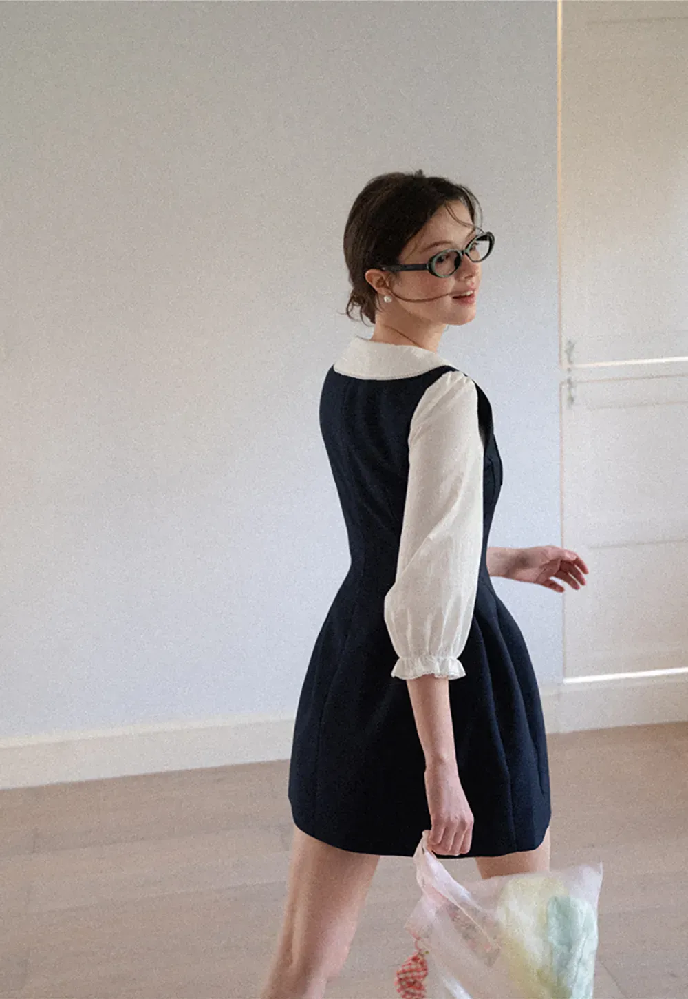 Peter Pan Collar Puff Sleeve Layered Dress