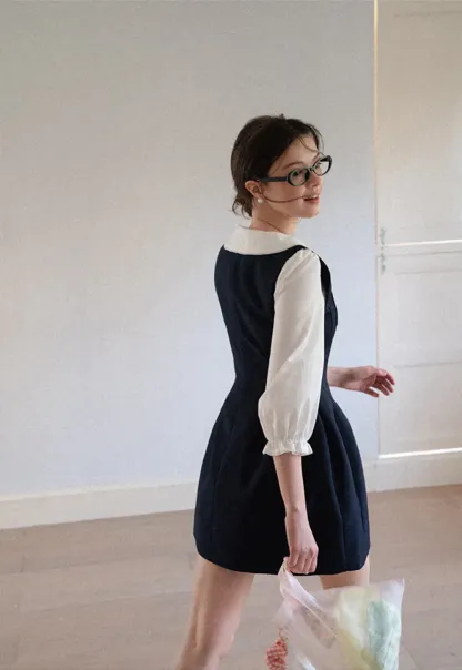 Peter Pan Collar Puff Sleeve Layered Dress