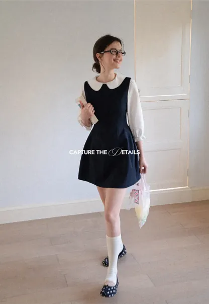 Peter Pan Collar Puff Sleeve Layered Dress