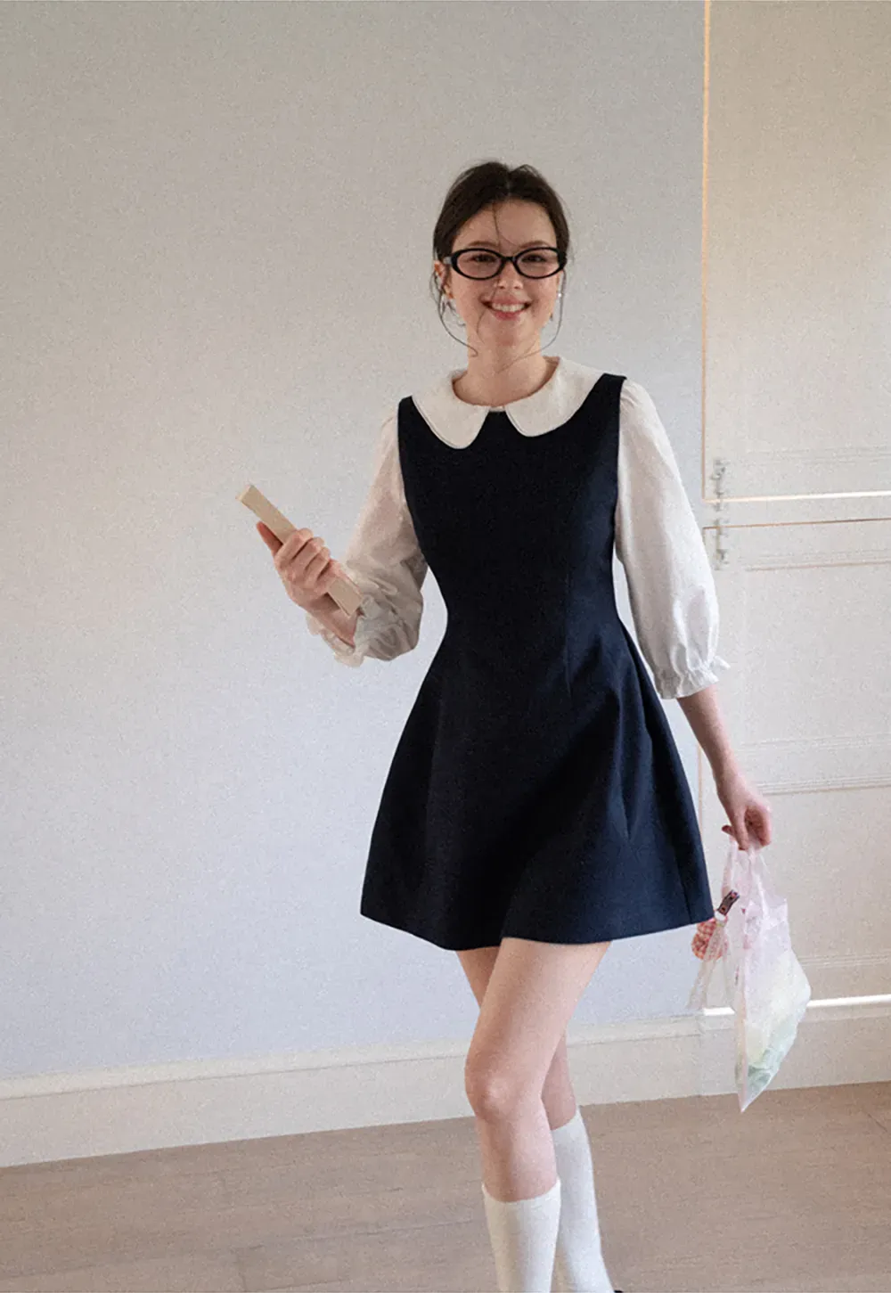 Peter Pan Collar Puff Sleeve Layered Dress