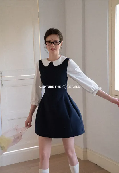 Peter Pan Collar Puff Sleeve Layered Dress