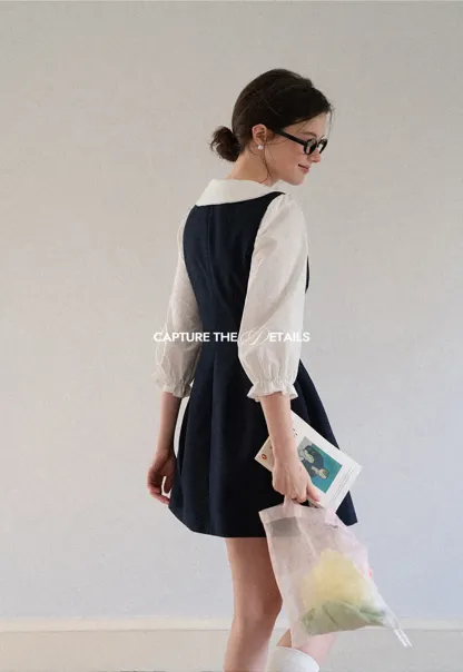 Peter Pan Collar Puff Sleeve Layered Dress
