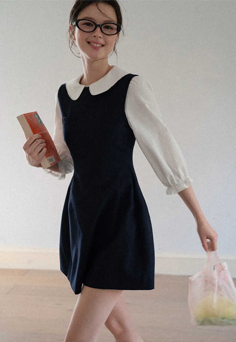 Peter Pan Collar Puff Sleeve Layered Dress