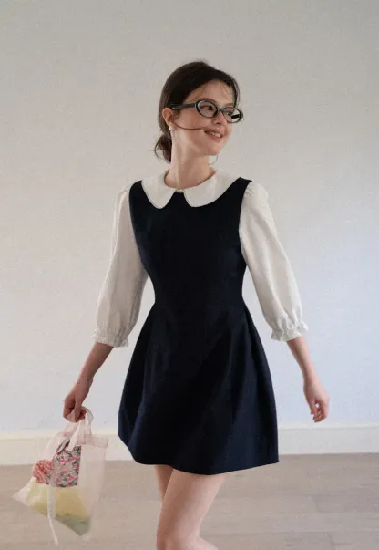 Peter Pan Collar Puff Sleeve Layered Dress