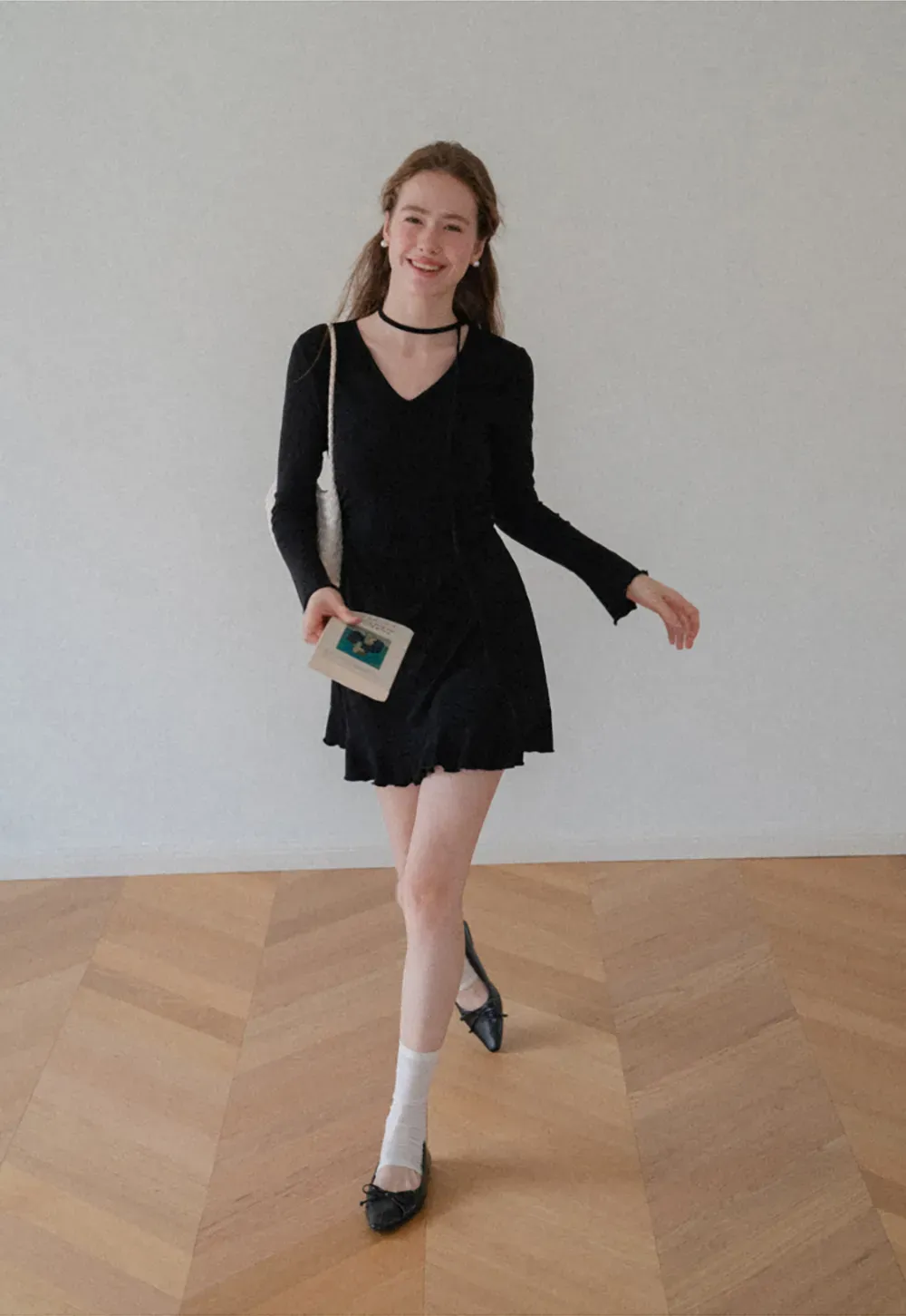 V Neck Long Sleeve Flared Hem Dress