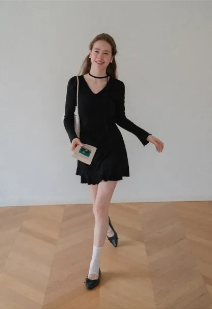 V Neck Long Sleeve Flared Hem Dress