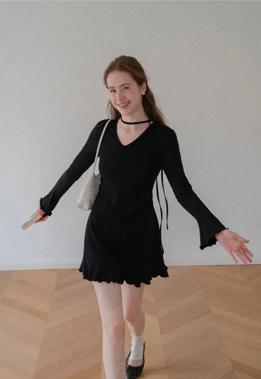 V Neck Long Sleeve Flared Hem Dress